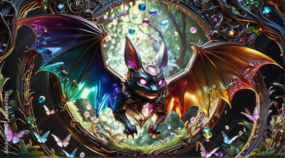 Naklejka premium Radiant Rainbow-Winged Mechanical Bat