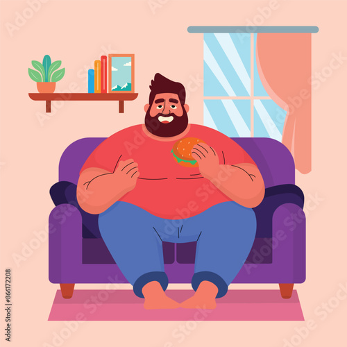 illustration of a fat person who likes to eat and is lazy, preferring to spend time at home