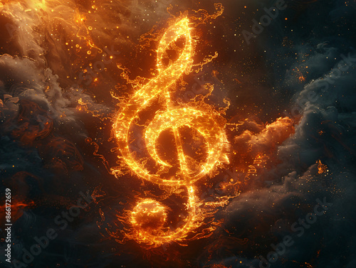 a dynamic of music, with a burning flame-like symbol representing the notes and a swirling blue background 