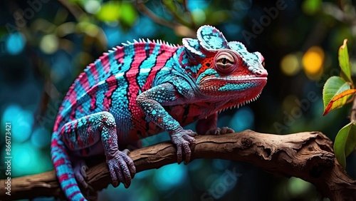 Beautiful of colorful glowing chameleon panther, chameleon panther on branch, chameleon panther closeup. photo