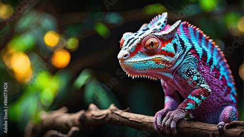 Beautiful of colorful glowing chameleon panther, chameleon panther on branch, chameleon panther closeup. © Uzair