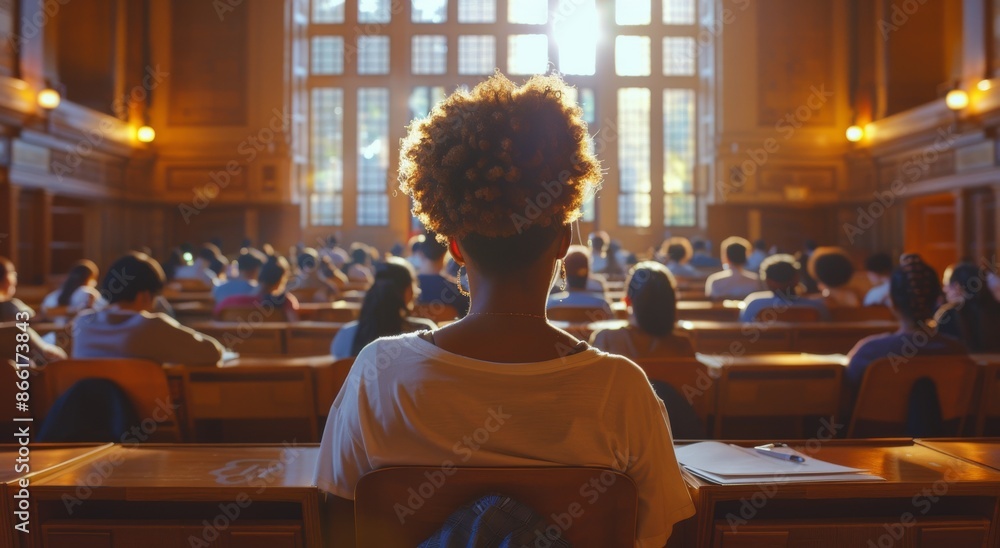 Rear view of a student sitting in a sunlit lecture hall filled with attentive students Rear view of a student sitting in a sunlit lecture hall filled with attentive students