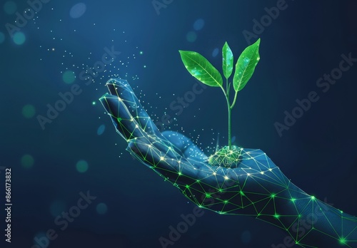 Digital hand holding a growing plant symbolizing technology and nature