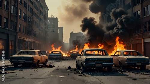 burning cars. street perspective of a burning post apocalyptic city. war torn disaster. devastated city. © R-CHUN