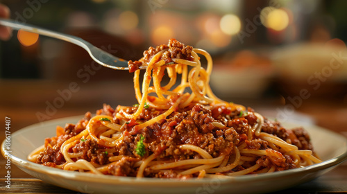 A photorealistic image of a twirled fork of spaghetti bolognese held above a plate filled with the meal, showcasing the meaty sauce and vegetable chunks.