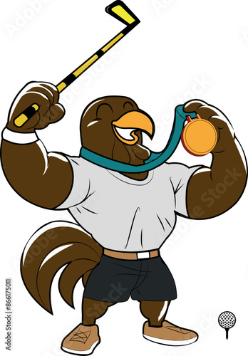 Foto Anthropomorphisme d'un coq golfeur tenant une médaille d'or en signe de victoire