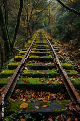 Abandoned railway tracks in a forest covered with autumn leaves 