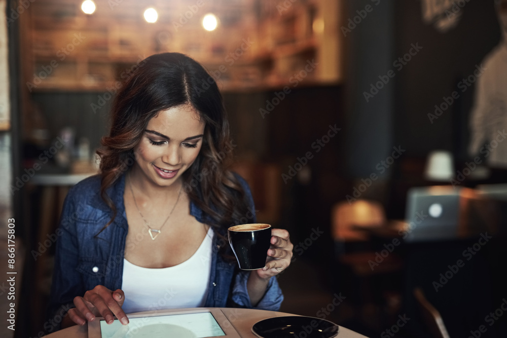 Woman, coffee and browsing with tablet in cafe, digital screen and smiling or online for social media or news. Relax, connection and freelance blogger with tech, restaurant and website search Woman, coffee and browsing with tablet in cafe, digital screen and smiling or online for social media or news. Relax, connection and freelance blogger with tech, restaurant and website search