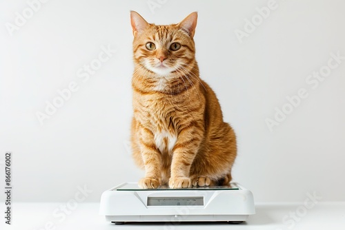 Clean and healthy cat sitting on a veterinar scale 