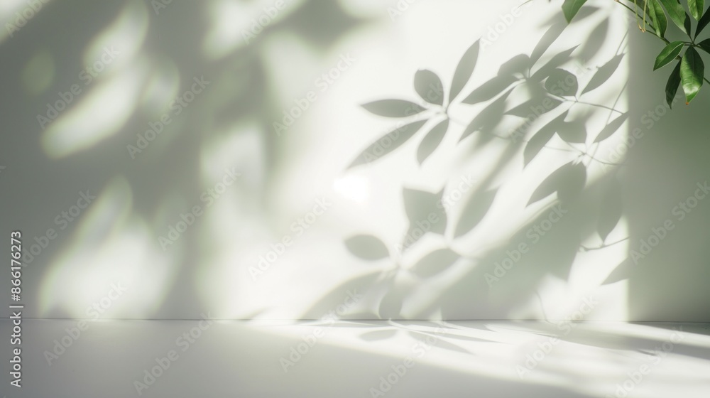 Blurred shadow from leaves on the light white wall. Minimal abstract background for product presentation. Spring and summer. Blurred shadow from leaves on the light white wall. Minimal abstract background for product presentation. Spring and summer.