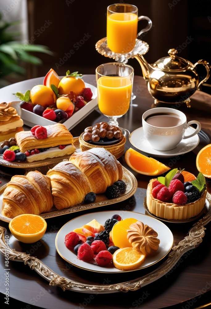 elegant gourmet breakfast display tray fresh coffee morning indulgence, presentation, arrangement, setup, decoration, spread, platter, table, setting, fancy