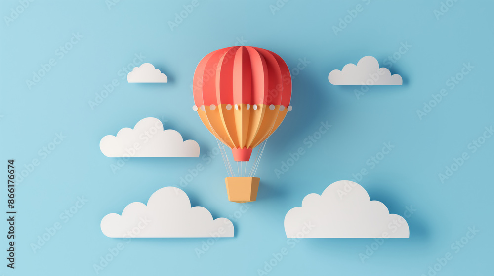 Obraz premium Illustration of a paper hot air balloon floating against blue background.