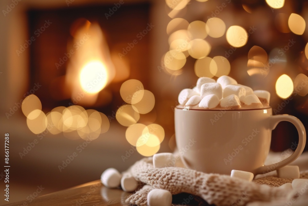 A mug of hot chocolate topped with marshmallows, with a softly blurred background of a cozy winter scene by the fireplace. A mug of hot chocolate topped with marshmallows, with a softly blurred background of a cozy winter scene by the fireplace.