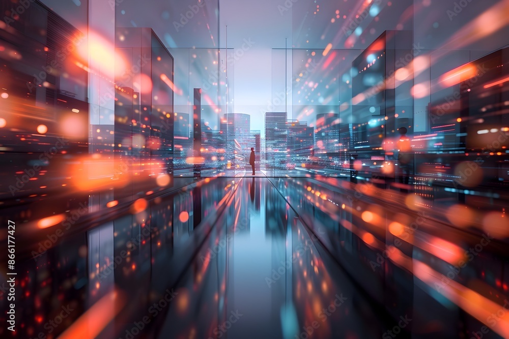 Futuristic Holographic Cityscape in Motion with Vibrant Lights and Architectural Structures Futuristic Holographic Cityscape in Motion with Vibrant Lights and Architectural Structures