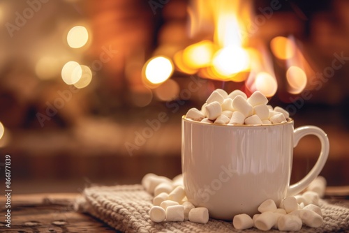 A mug of hot chocolate topped with marshmallows, with a softly blurred background of a cozy winter scene by the fireplace. 