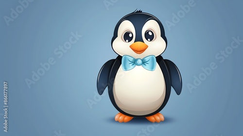 A cartoon penguin wearing a blue bowtie on a blue background. © Vector