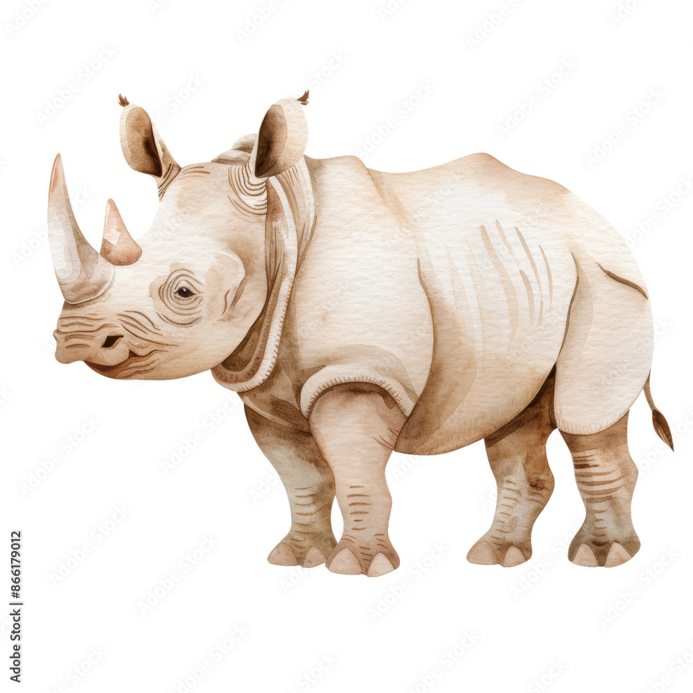 Fototapeta premium Adorable watercolor illustration of a rhinoceros clipart for kids, featuring soft neutral colors, isolate on Transparent background