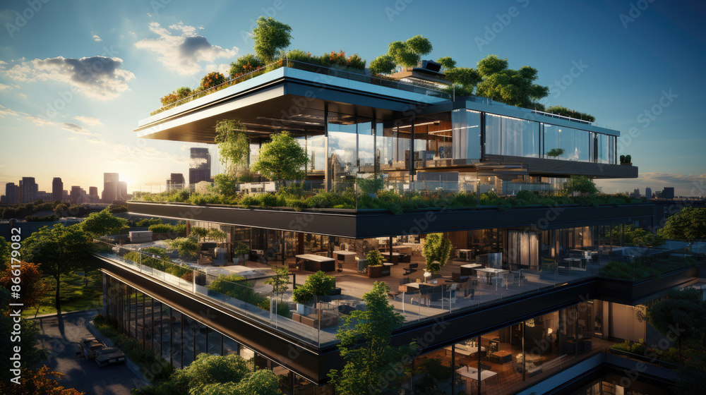 an office building with a green rooftop garden, adding a touch of nature to the urban environment. Created with generative AI an office building with a green rooftop garden, adding a touch of nature to the urban environment. Created with generative AI