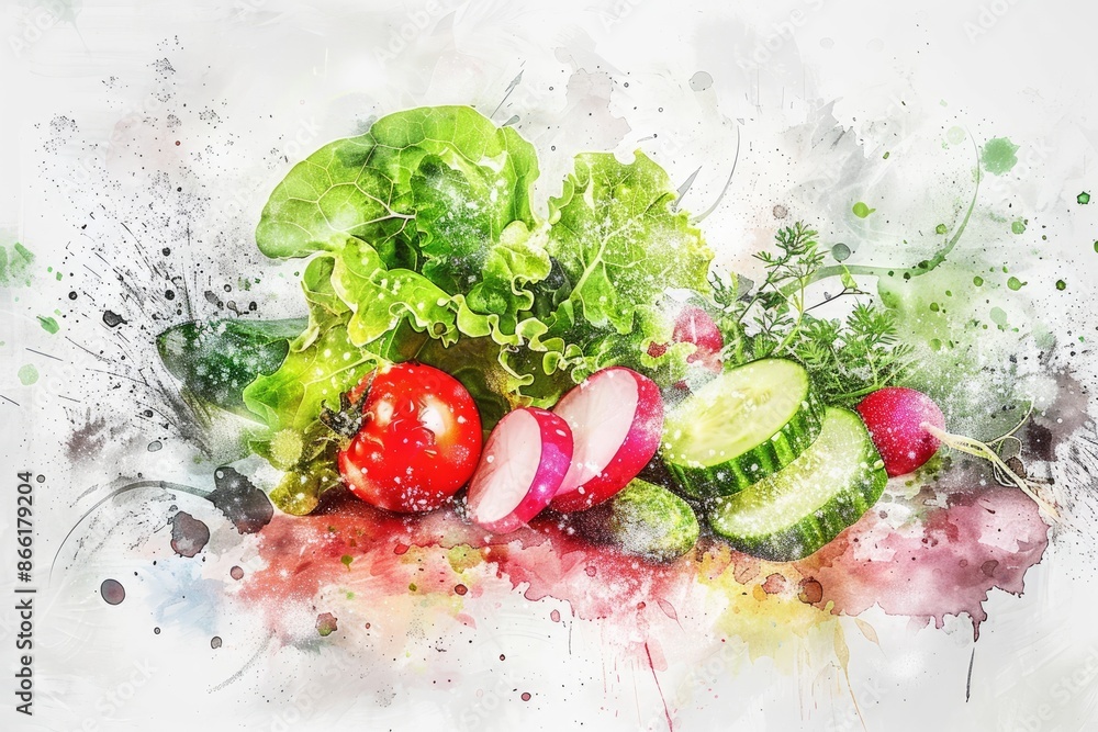 Delicate watercolor rendering of a fresh garden salad with lettuce, tomatoes, cucumbers, and radishes, highlighted by soft, natural colors, Delicate watercolor rendering of a fresh garden salad with lettuce, tomatoes, cucumbers, and radishes, highlighted by soft, natural colors,