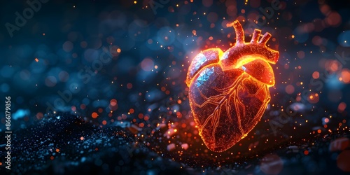 Creating a 3D model of a healthy heart with glowing dots in low poly style. Concept 3D Modeling, Low Poly Design, Medical Illustration, Heart Anatomy, Glowing Effects