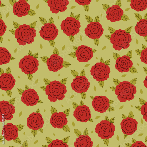 Simple seamless pattern with red roses. Vector graphics.