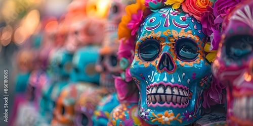 Colorful skull decorations for Day of the Dead altar in Mexico. Concept Day of the Dead, Mexican Traditions, Skull Decorations, Altar Decor, Festive Colors photo