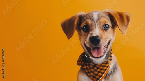 A cute puppy wearing a plaid bandana looks at the camera and smiles. © Vector