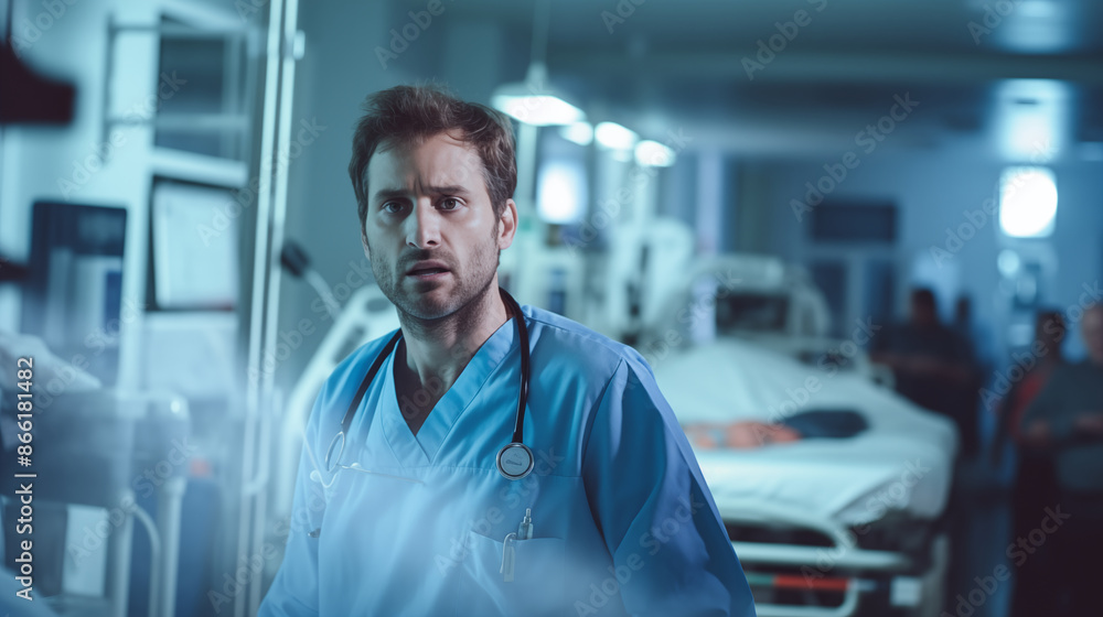 Fototapeta premium Doctor in the hospital background blur. Emergency room.