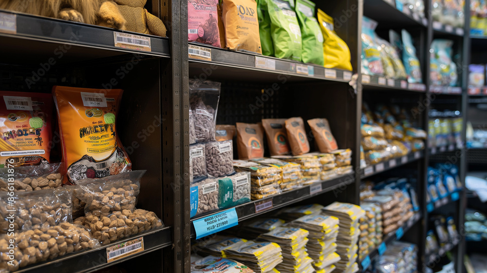 Packs of animal food on pet shop shelves. Packs of animal food on pet shop shelves.