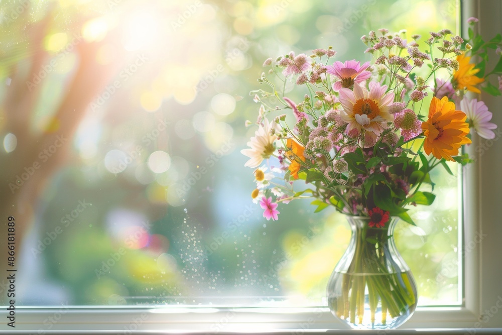 A vase filled with fresh flowers on a windowsill, with a softly blurred background of a sunlit garden A vase filled with fresh flowers on a windowsill, with a softly blurred background of a sunlit garden