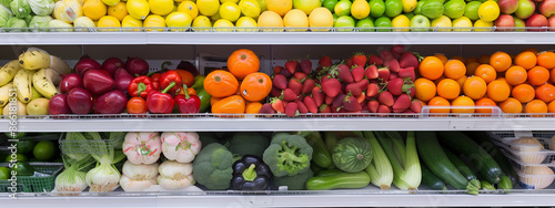 Fresh vegetables and fruits in supermarket shelf