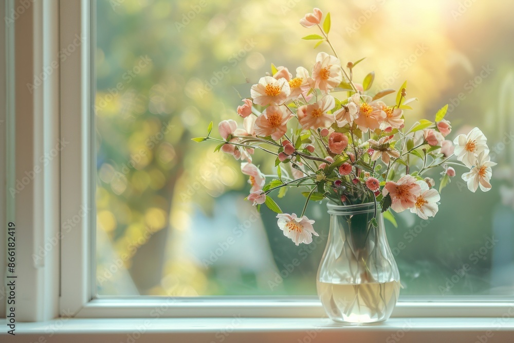 A vase filled with fresh flowers on a windowsill, with a softly blurred background of a sunlit garden A vase filled with fresh flowers on a windowsill, with a softly blurred background of a sunlit garden
