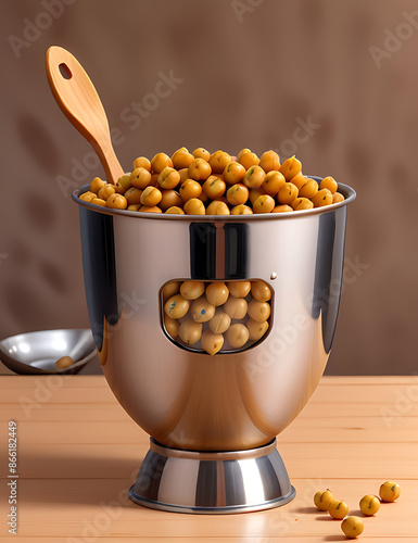 Some Brown Chickpea or channa soaked in water in a steel vessel or bartan, steel utensil

 photo