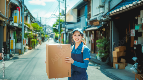 A young female delivery worker holding a cardboard box in a serene Japanese street