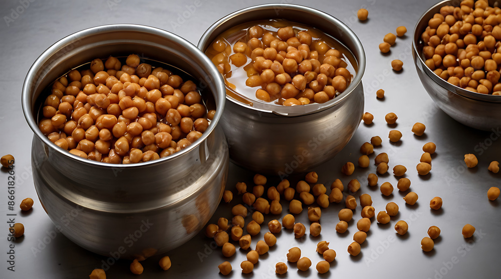 Some Brown Chickpea or channa soaked in water in a steel vessel or bartan, steel utensil
Some Brown Chickpea or channa soaked in water in a steel vessel or bartan, steel utensil