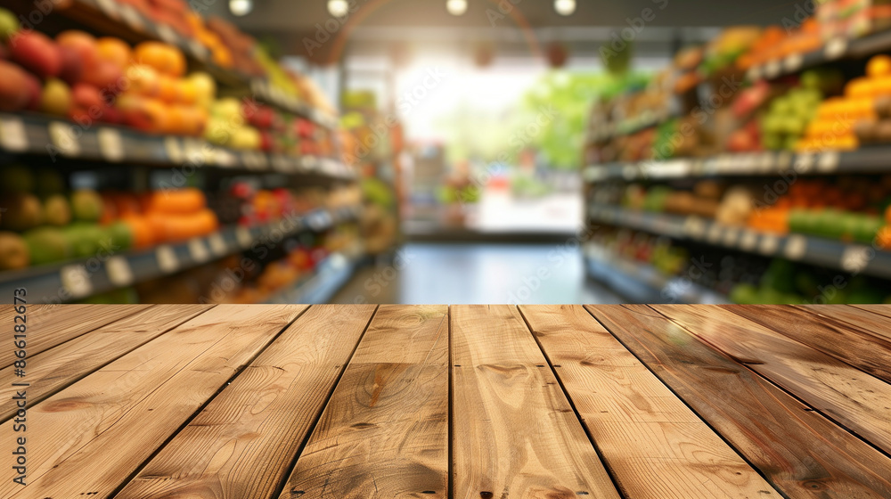 Empty wooden table counter top of table with fruit department section of supermarket on blur background Empty wooden table counter top of table with fruit department section of supermarket on blur background