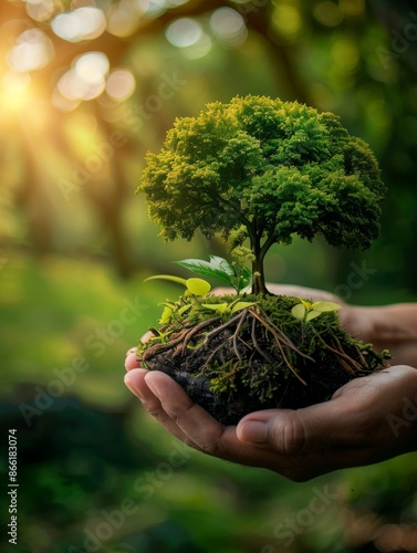 A hand holds a small tree
