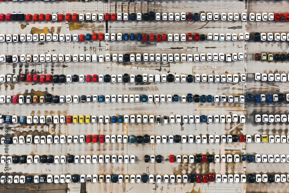 Aerial view of a parking lot with rows of cars in various colors and models, showing ground patterns and markings. Aerial view of a parking lot with rows of cars in various colors and models, showing ground patterns and markings.