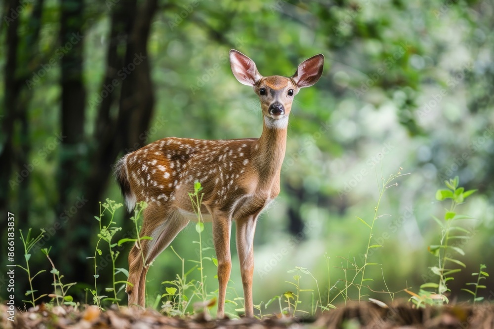 A wild deer standing in a forest clearing, with a softly blurred background of dense trees and foliage A wild deer standing in a forest clearing, with a softly blurred background of dense trees and foliage