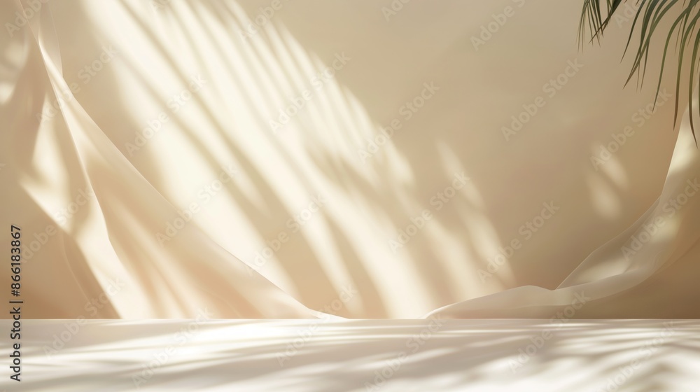 Obraz premium Blurred shadow from leaves on the light beige wall. Minimal abstract background for product presentation. Spring and summer.