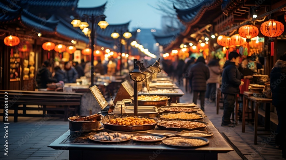 A bustling street market with a variety of food stalls and people browsing in the background.
A bustling street market with a variety of food stalls and people browsing in the background.