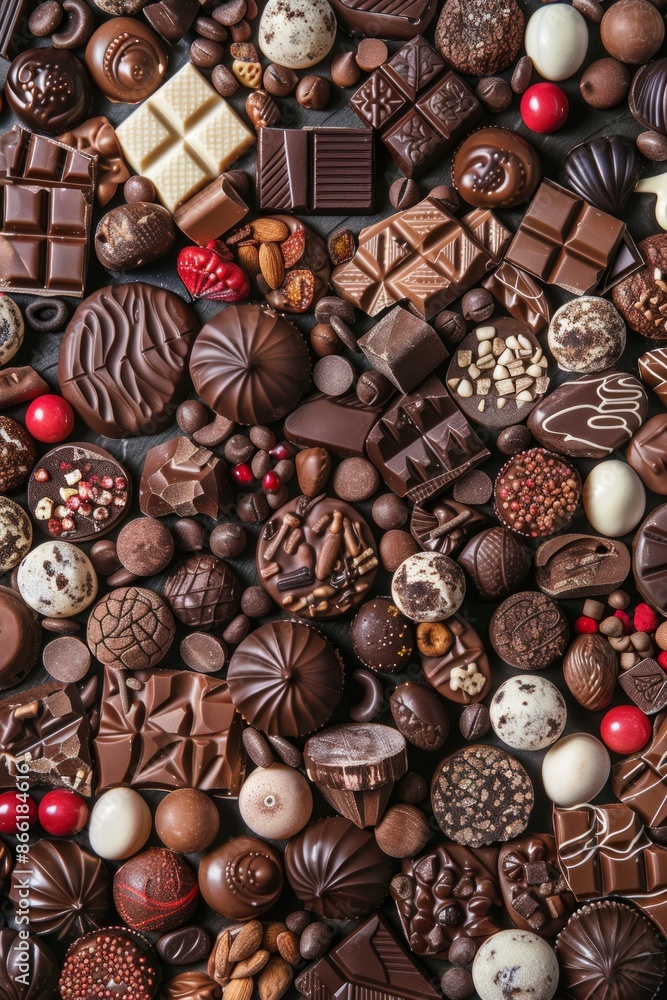 An abundant assortment of chocolates in different shapes and sizes, tightly arranged to fill the entire frame. The chocolates feature a variety of textures and colors An abundant assortment of chocolates in different shapes and sizes, tightly arranged to fill the entire frame. The chocolates feature a variety of textures and colors