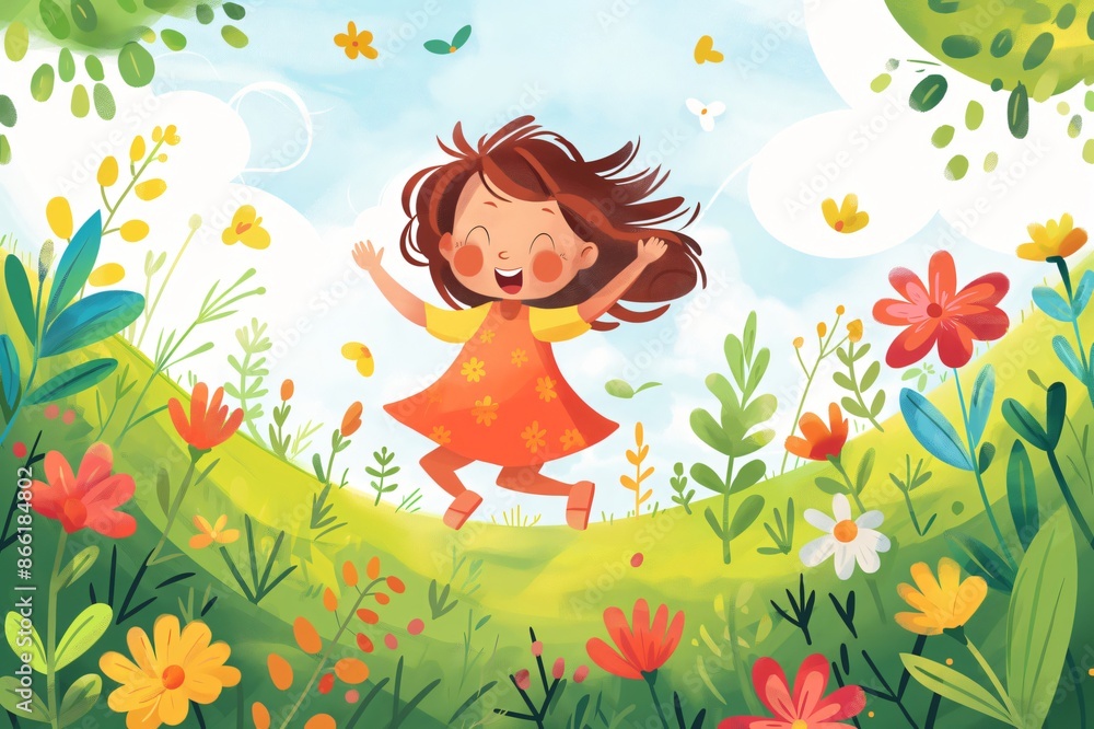 Cheerful little girl is jumping for joy in a field of colorful flowers with butterflies fluttering around Cheerful little girl is jumping for joy in a field of colorful flowers with butterflies fluttering around