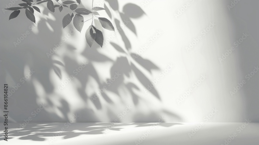 Blurred shadow from leaves on the light gray wall. Minimal abstract background for product presentation. Spring and summer. Blurred shadow from leaves on the light gray wall. Minimal abstract background for product presentation. Spring and summer.