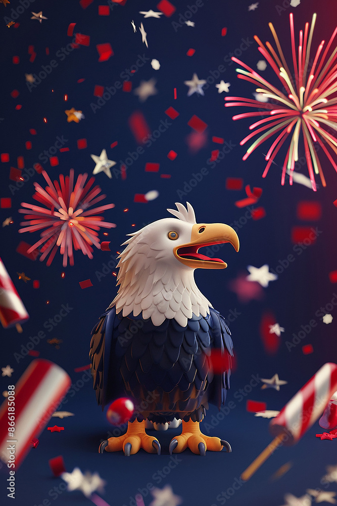 Fototapeta premium Cartoon-style 3D American eagle with fireworks and Independence Day decorations