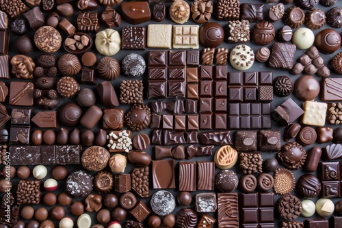 An abundant assortment of chocolates in different shapes and sizes, tightly arranged to fill the entire frame. The chocolates feature a variety of textures and colors