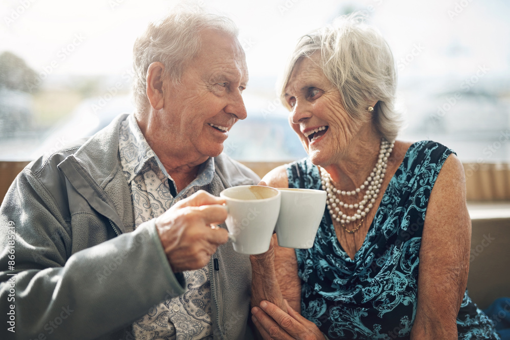 Coffee, cheers and senior couple on date, laughing and conversation of past, love and retirement. Commitment, woman and man with cup, happy and talking of marriage, together and break in weekend Coffee, cheers and senior couple on date, laughing and conversation of past, love and retirement. Commitment, woman and man with cup, happy and talking of marriage, together and break in weekend