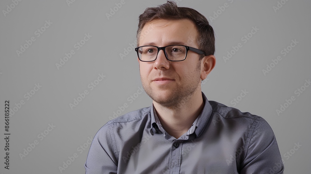 a photo of an interview with man in his thirties, wearing glasses and blue shirt looking into the camera on grey background a photo of an interview with man in his thirties, wearing glasses and blue shirt looking into the camera on grey background