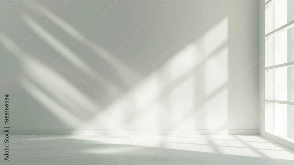 Fototapeta premium Abstract white studio background for product presentation. Empty room with shadows of window. Display product with blurred backdrop. potted plant