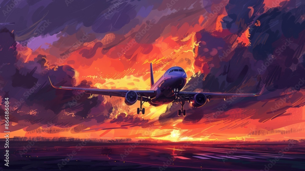 A plane taking off against a dramatic sunset, the sky painted in hues of orange and purple, symbolizing new beginnings. A plane taking off against a dramatic sunset, the sky painted in hues of orange and purple, symbolizing new beginnings.
